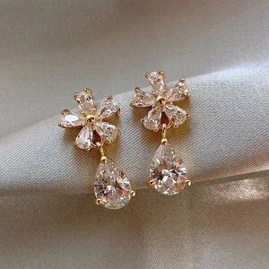 Gold and Crystal Floral Drop Earrings
